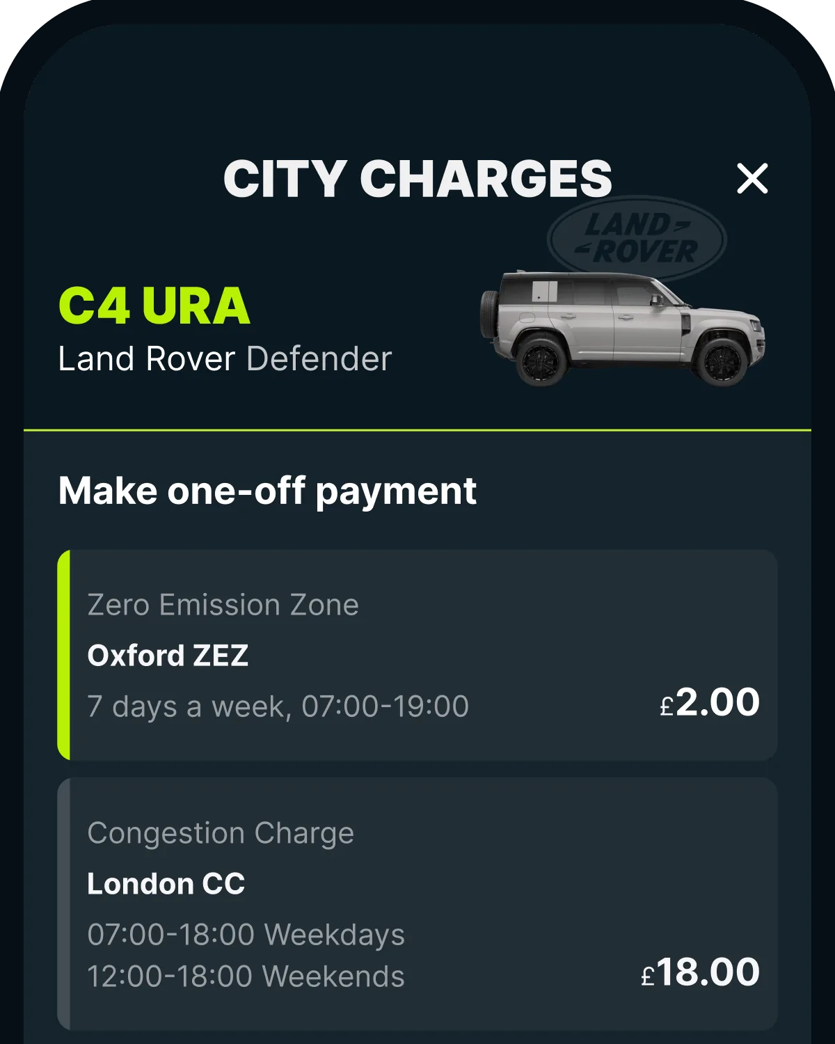 The Caura app's City Charges screen, with the Oxford Zero Emission Zone at £2 selected