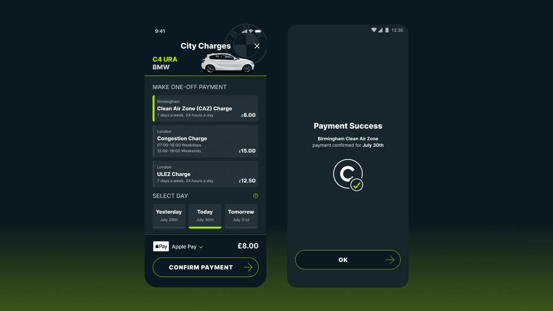 Caura payment screen and payment success screen for the Birmingham CAZ charge