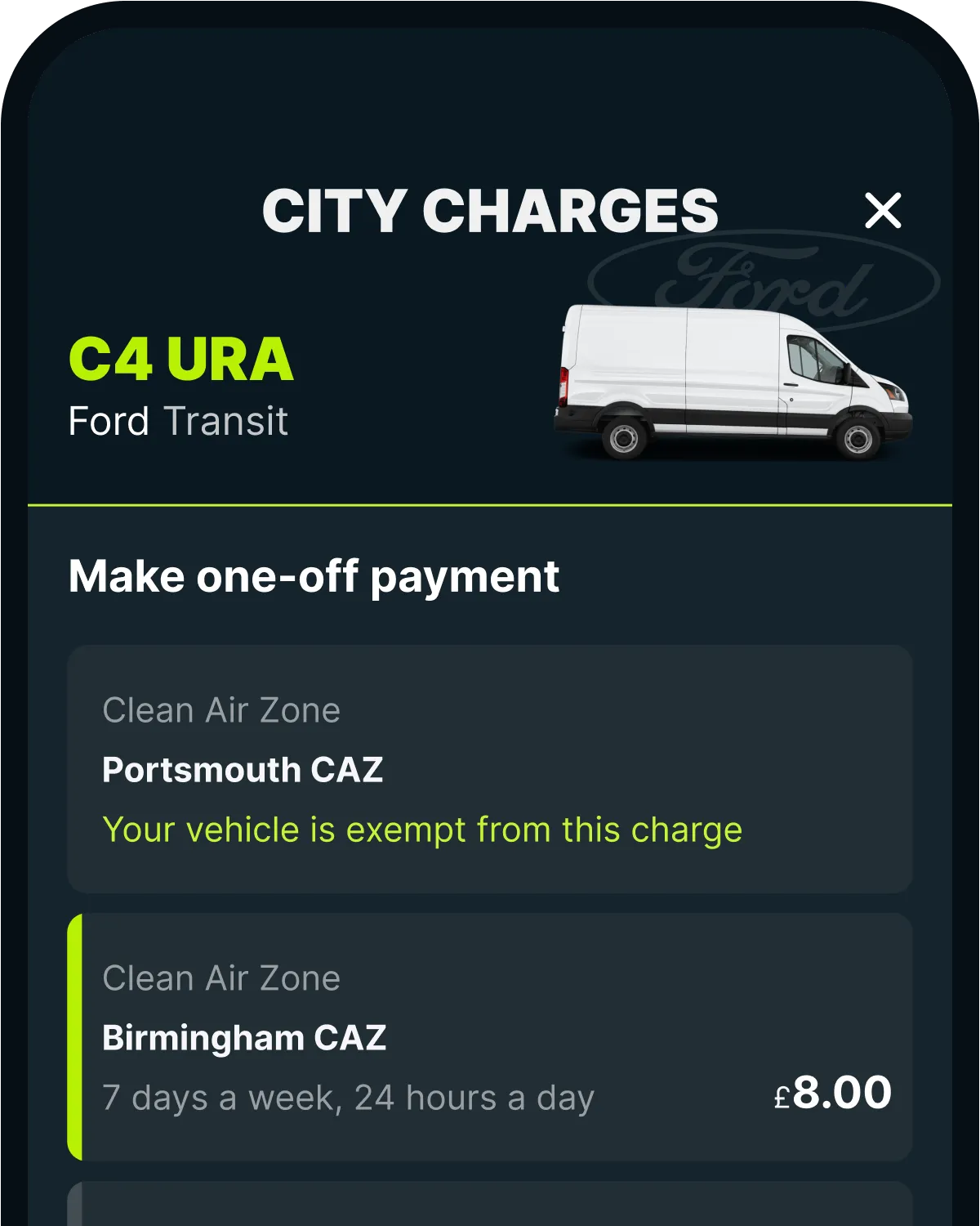 The Caura app's City Charges screen, with Clean Air Zone charges ready to pay