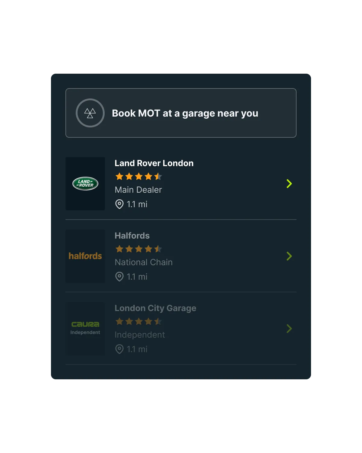 Garages near you to book an MOT, listed in the Caura app