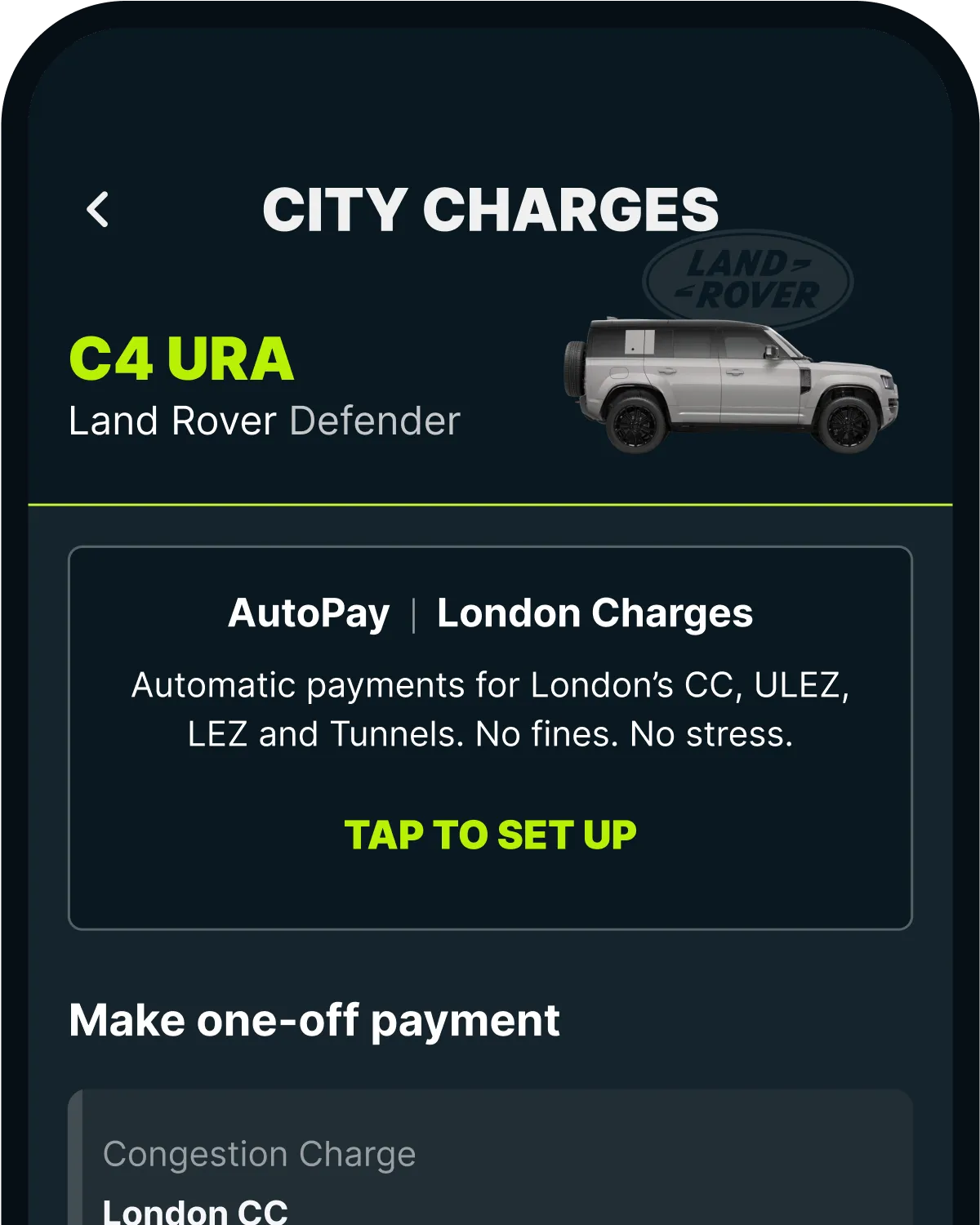The Caura app's City Charges screen, with AutoPay for London charges