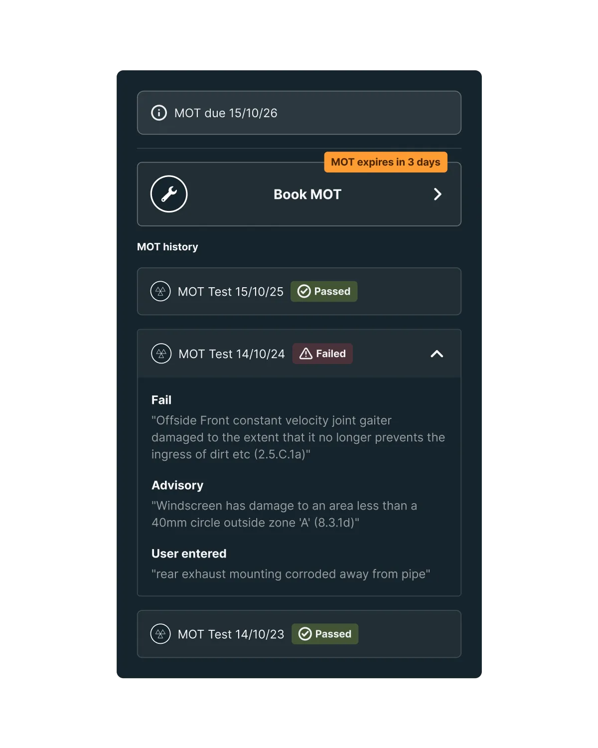 MOT test results in the Caura app, with passes, fails and advisories