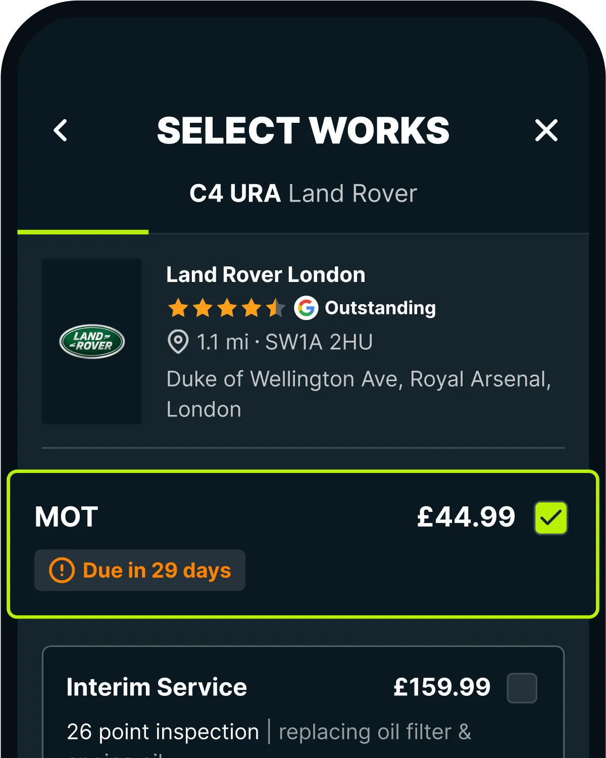 Choosing an MOT at a local garage in the Caura app