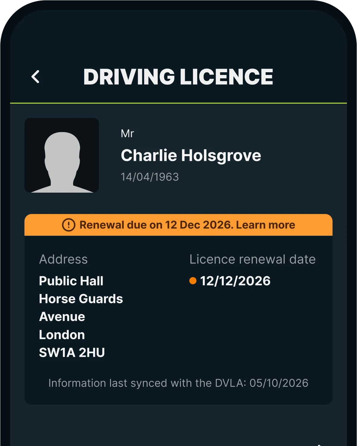 The Caura app's Driving Licence screen, with the licence renewal date