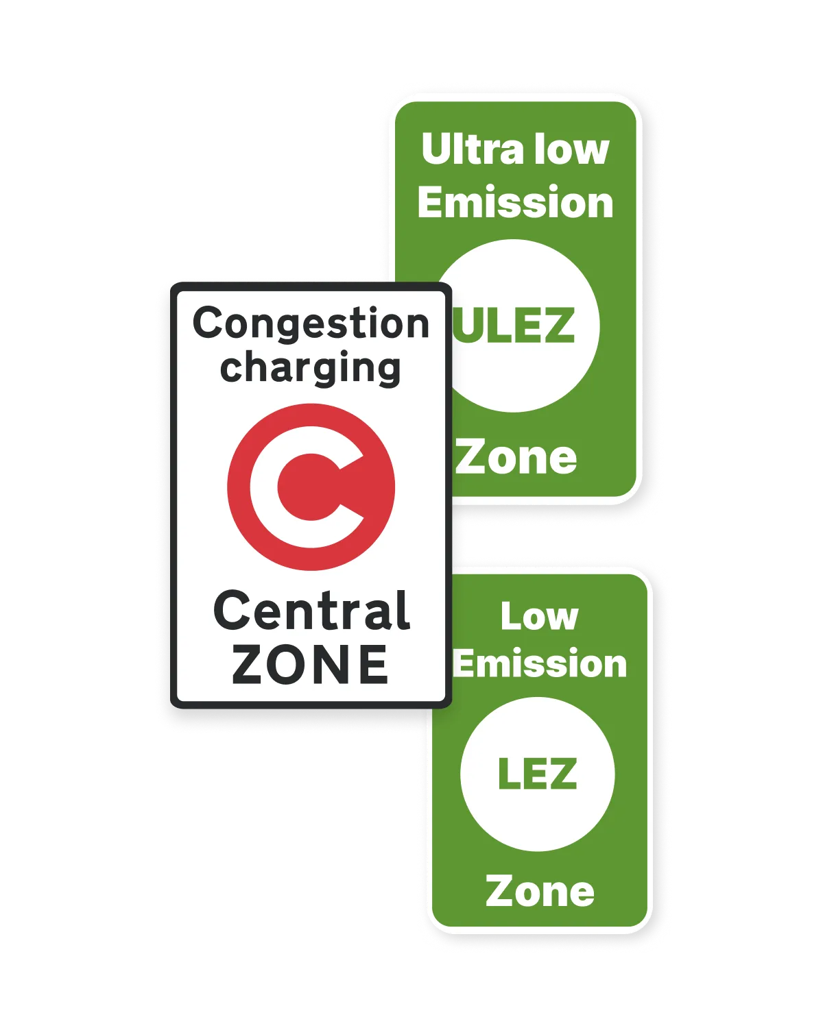 London Congestion Charge, ULEZ and LEZ road signs