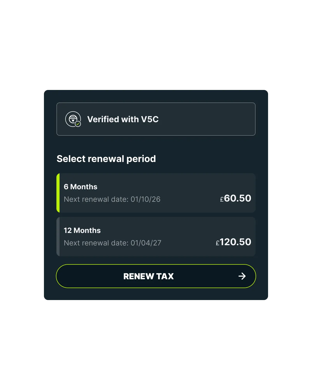 Choosing a vehicle tax renewal period in the Caura app