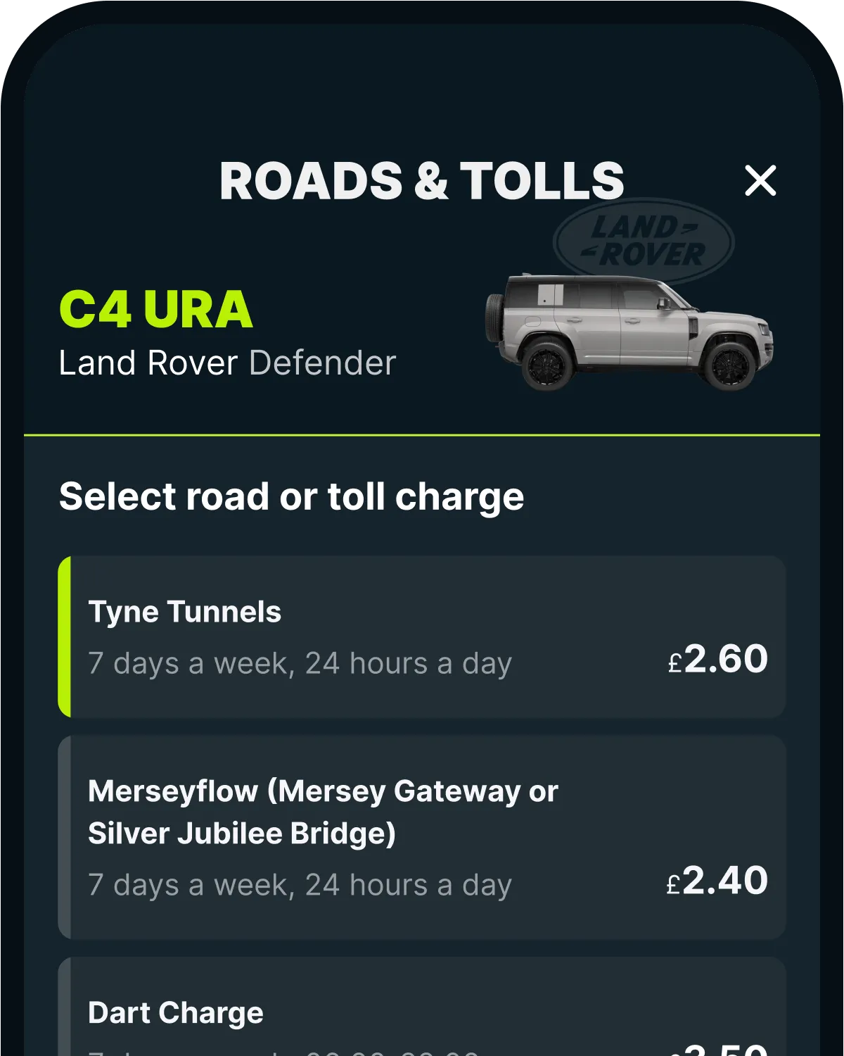 The Caura app's Roads & Tolls screen, with the Tyne Tunnels