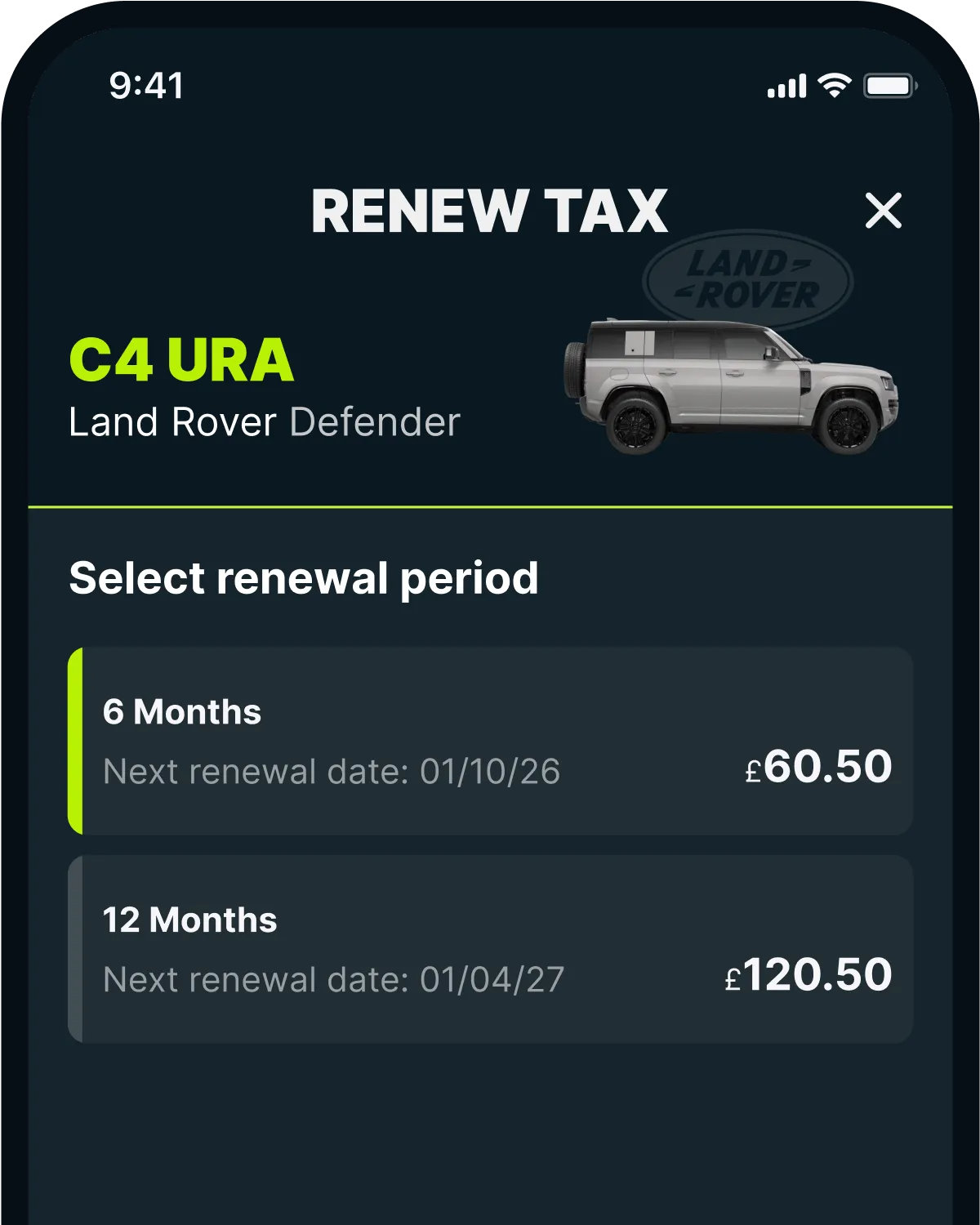 The Caura app's Renew Tax screen, with 6 and 12 month options