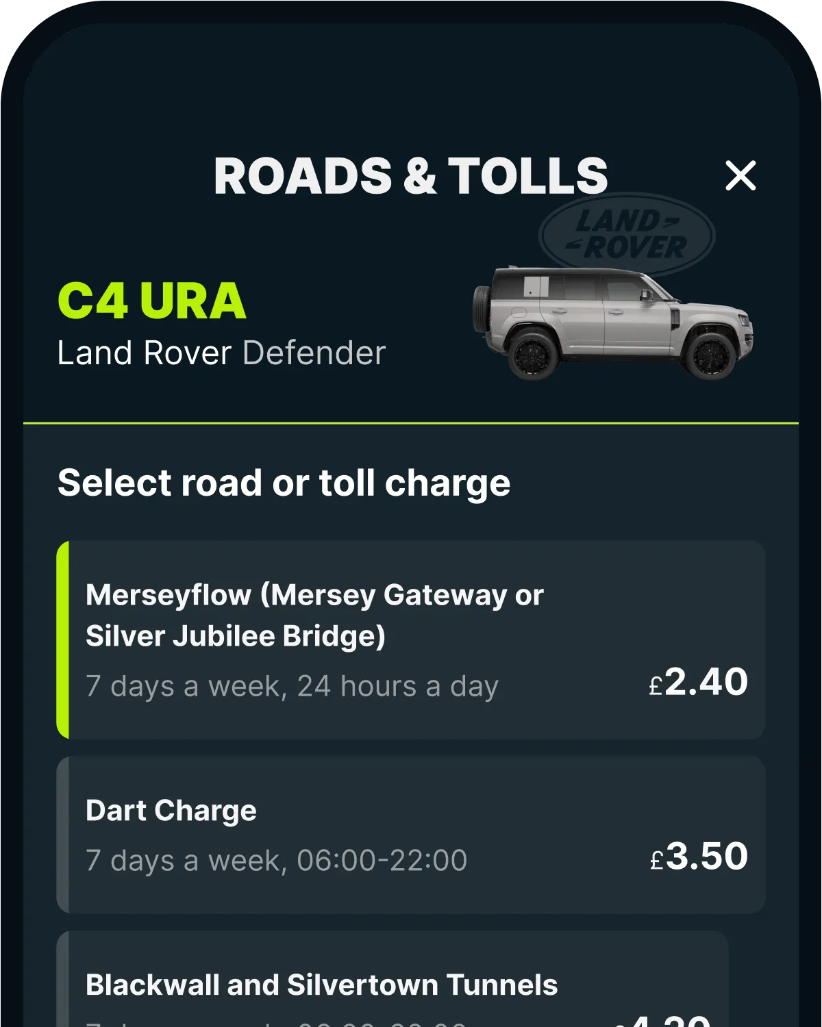 The Caura app's Roads & Tolls screen, with Merseyflow
