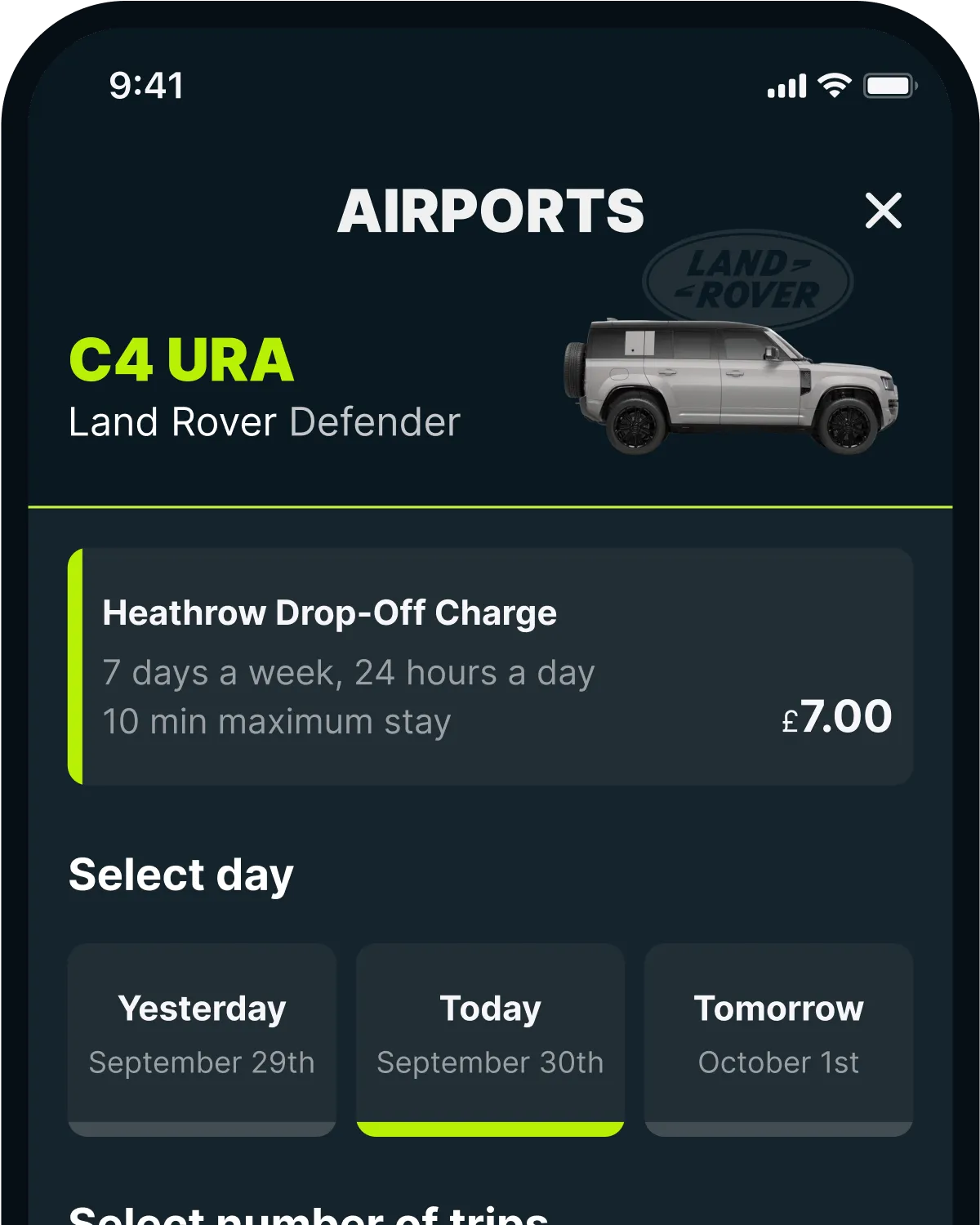 The Caura app's Airports screen, with the Heathrow Drop-Off Charge