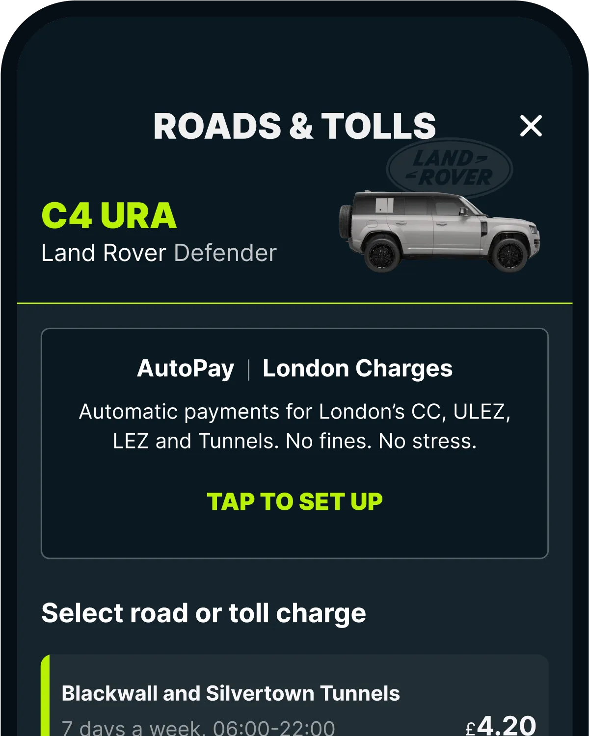 The Caura app's Roads & Tolls screen, with the Blackwall and Silvertown Tunnels