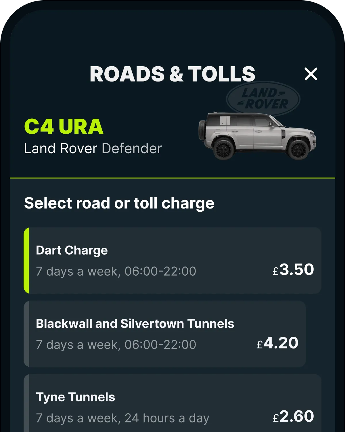 The Caura app's Roads & Tolls screen, with the Dart Charge