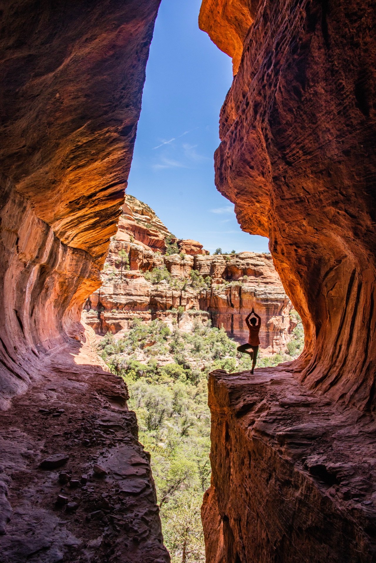 Yoga in Boynton Canyon, framed by red rock walls