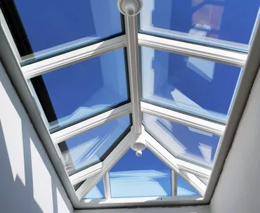 Our roof lanterns are fitted with high-performance, dual-sealed, self-cleaning, double/triple-glazing Double or triple-glazed roof lantern seen from inside