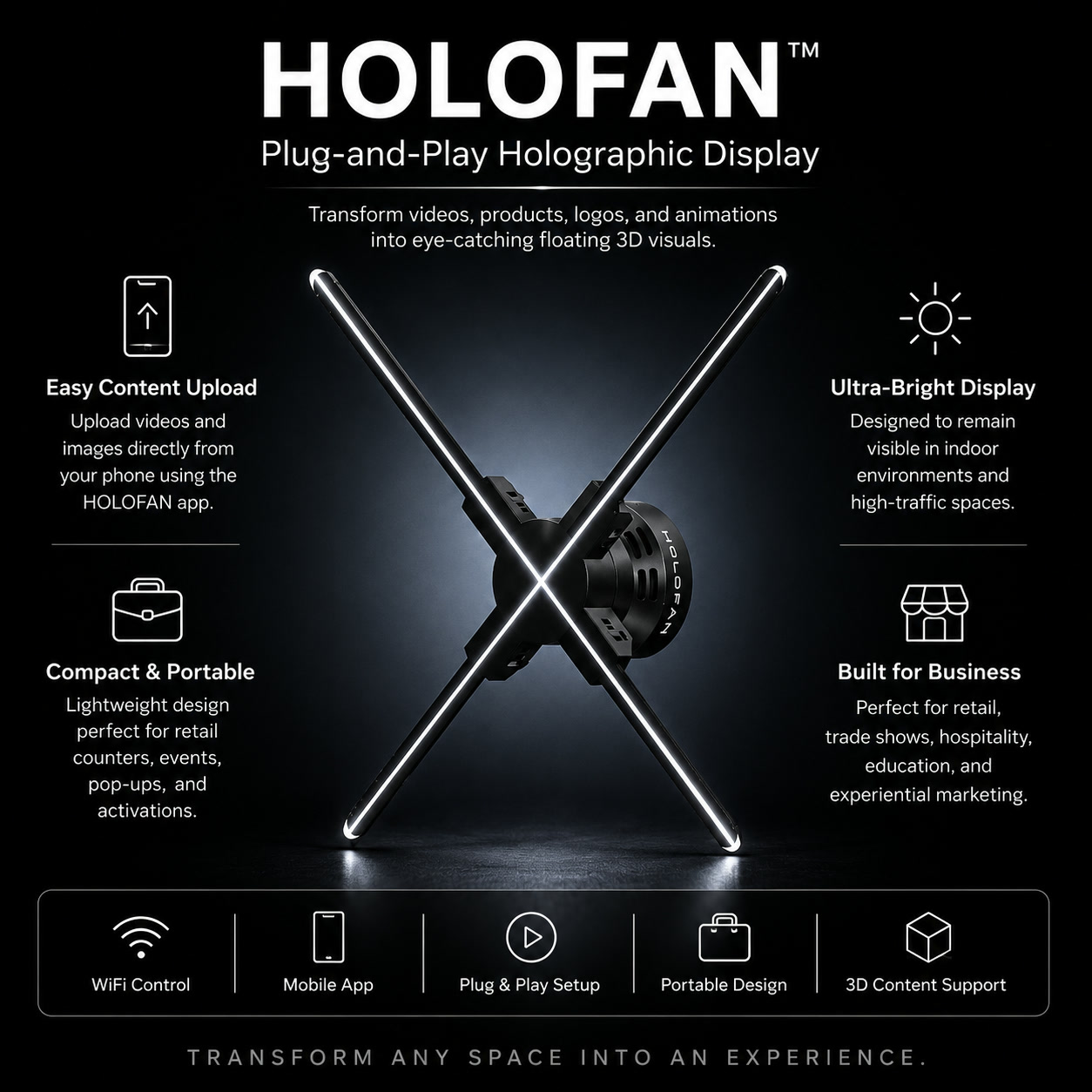 HOLOFAN plug-and-play holographic display: easy content upload from your phone with the HOLOFAN app, ultra-bright display for indoor and high-traffic spaces, compact and portable, built for business. Wi-Fi control, mobile app, plug-and-play setup, portable design and 3D content support.