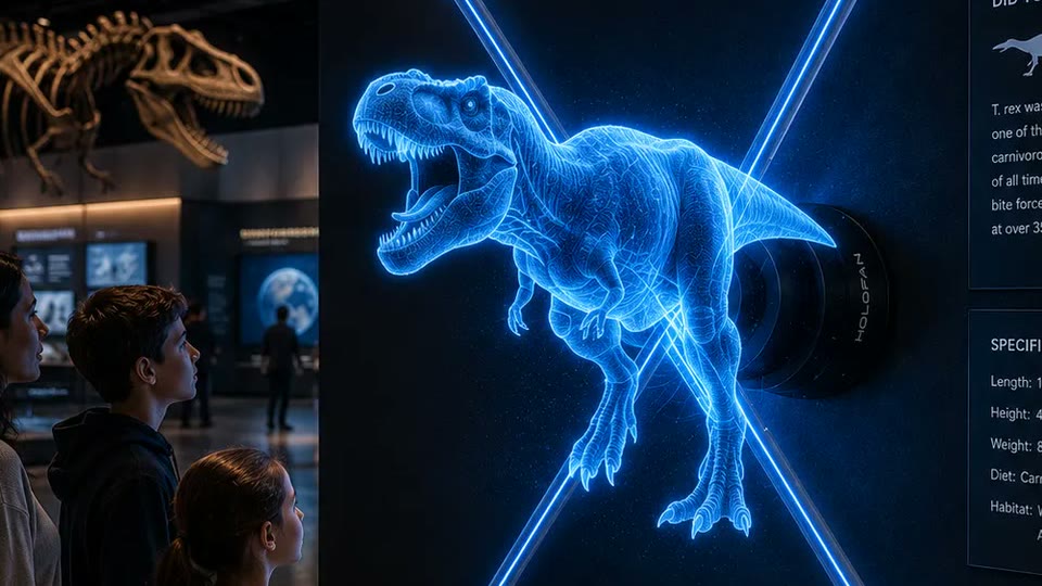 Concept visualization: a holographic T-Rex exhibit at a museum