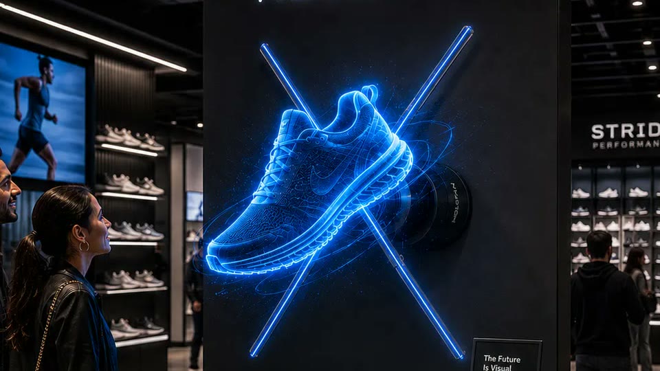 Concept visualization: a holographic sneaker floating in a retail store display