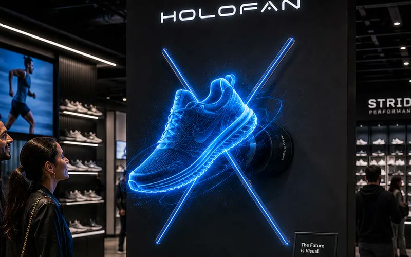 Concept visualization: a holographic sneaker floating in a retail store display