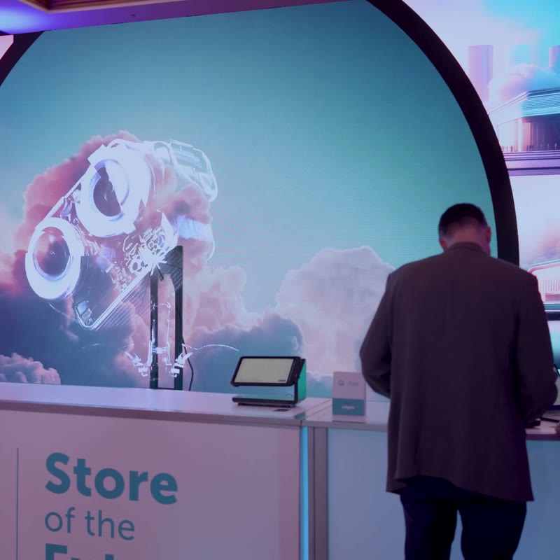 HOLOFAN holographic display at the iQmetrix Store of the Future booth, Summit X 2025, with a visitor at the counter
