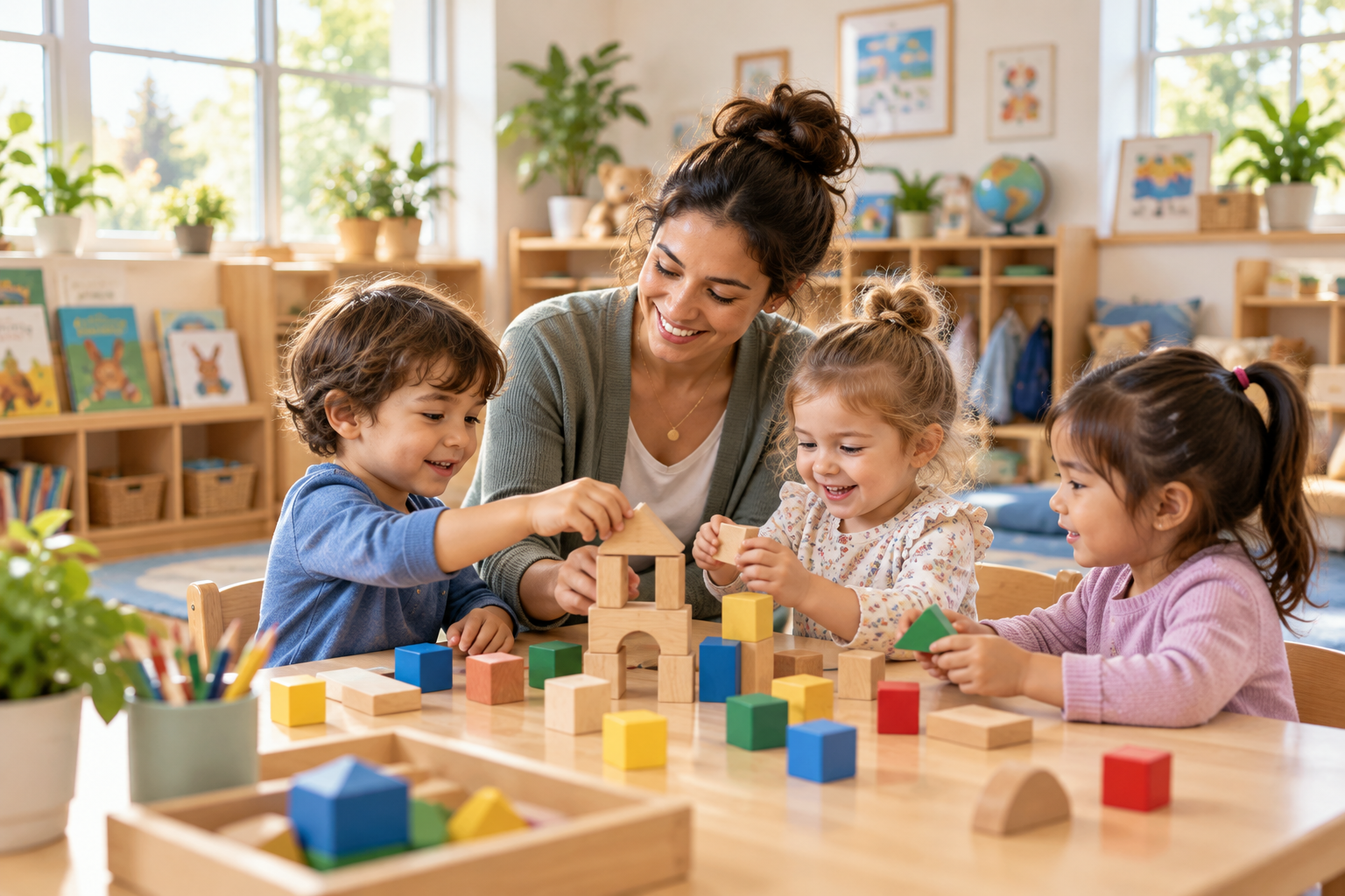 A woman smiling and helping two young children build a structure with wooden blocks on a table in a bright, plant-filled classroom.