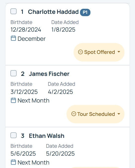 Sunny Days waitlist organized by age group, with children shown as cards on the 1 Year Olds list.