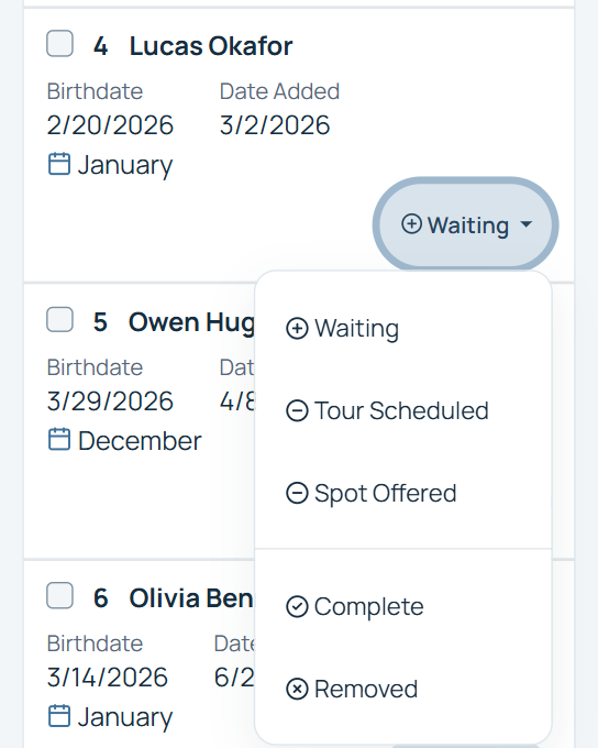 Status menu on a waitlist entry, used to move a child from waiting to offered and enrolled.