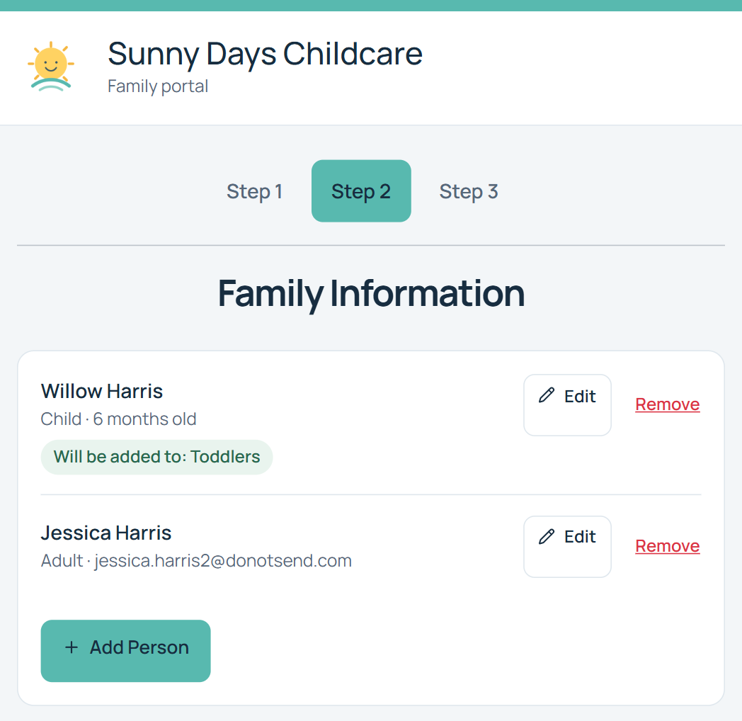 Sunny Days Childcare family portal at step 2, listing a child, Willow Harris, who will be added to the Toddlers list, and a parent, Jessica Harris, with a button to add another person.