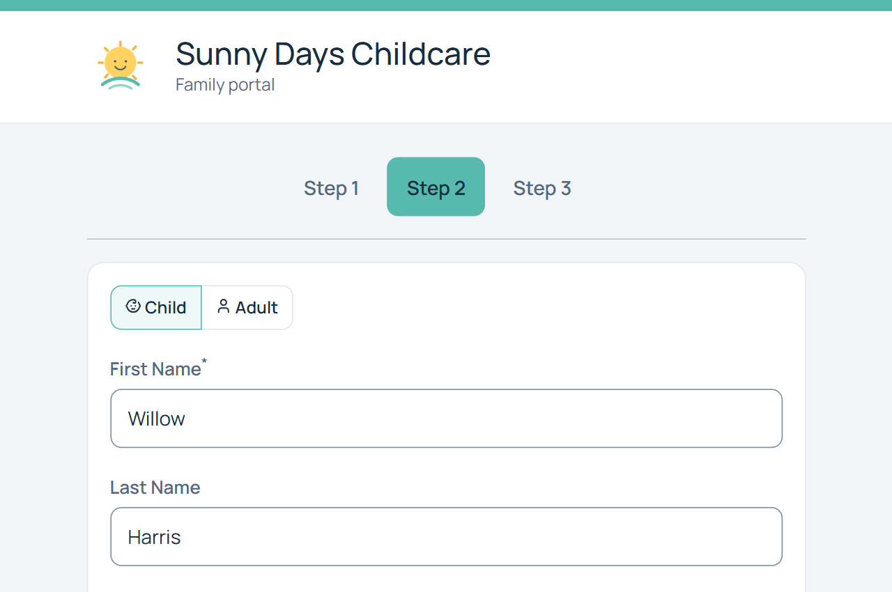 Sunny Days Childcare online signup on step 2, where a parent enters their child's name, birthdate and start preferences.