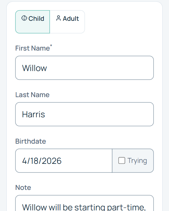Family portal form for a child named Willow Harris, with birthdate and a note about starting part-time.