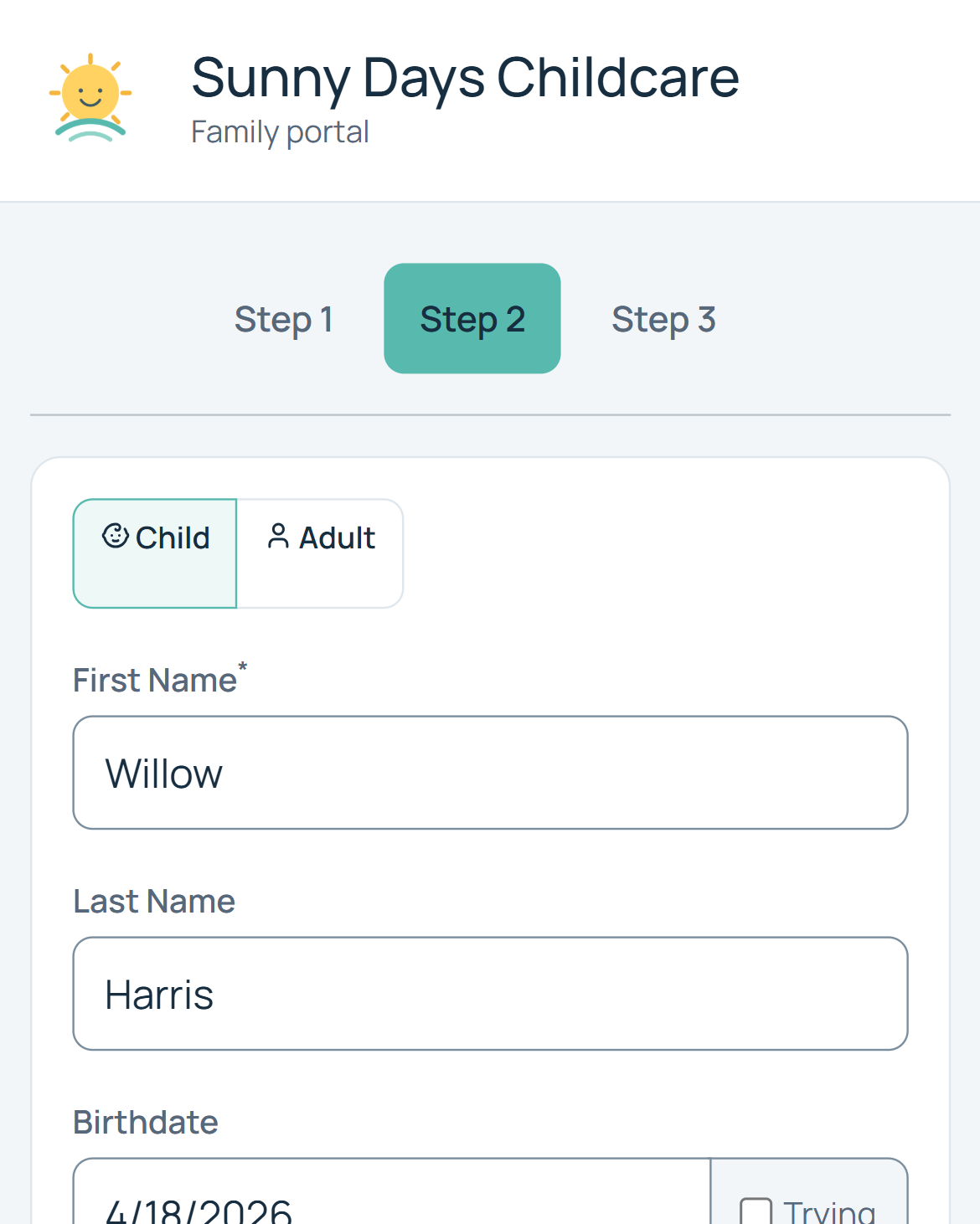 Sunny Days Childcare family portal on a phone, showing the signup steps and the child form with Willow Harris entered.