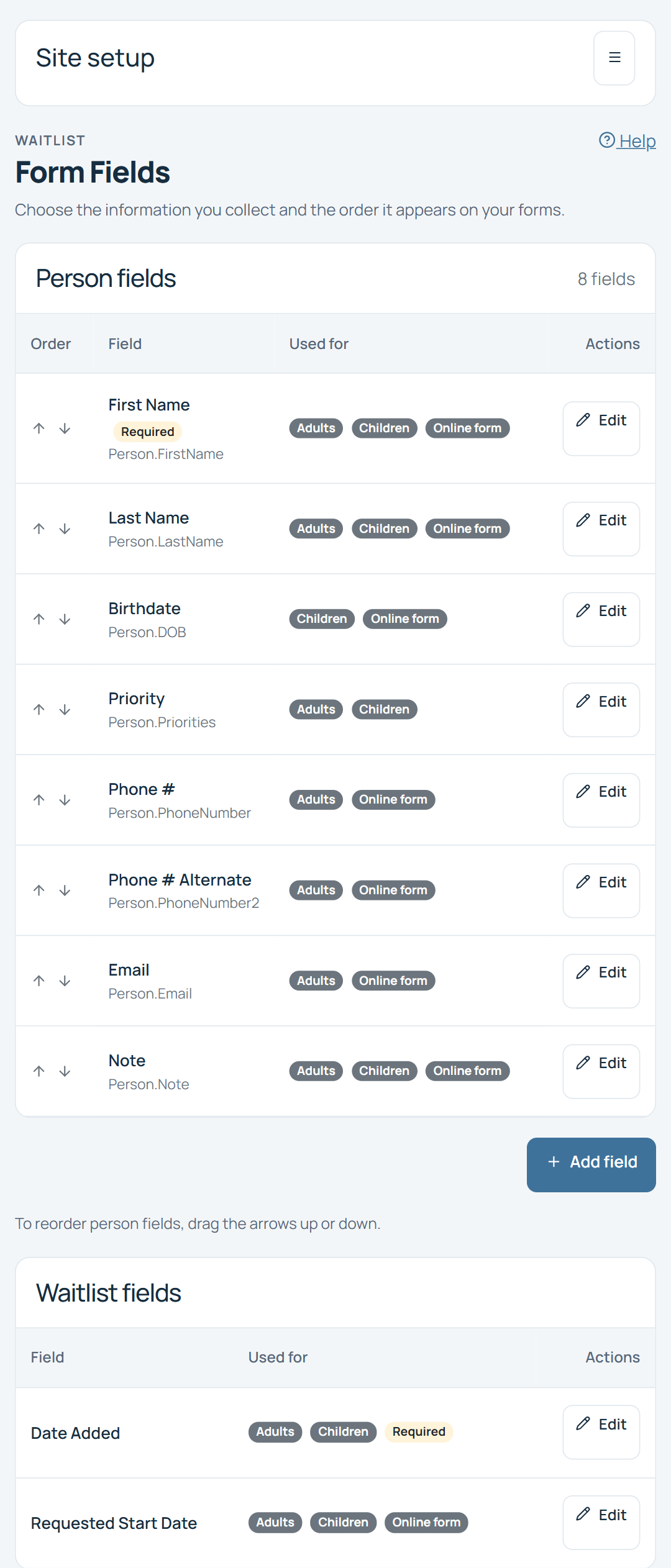 WaitlistPlus Form Fields settings listing eight person fields, including name, birthdate, priority, phone numbers, email and note, plus waitlist fields for date added and requested start date.