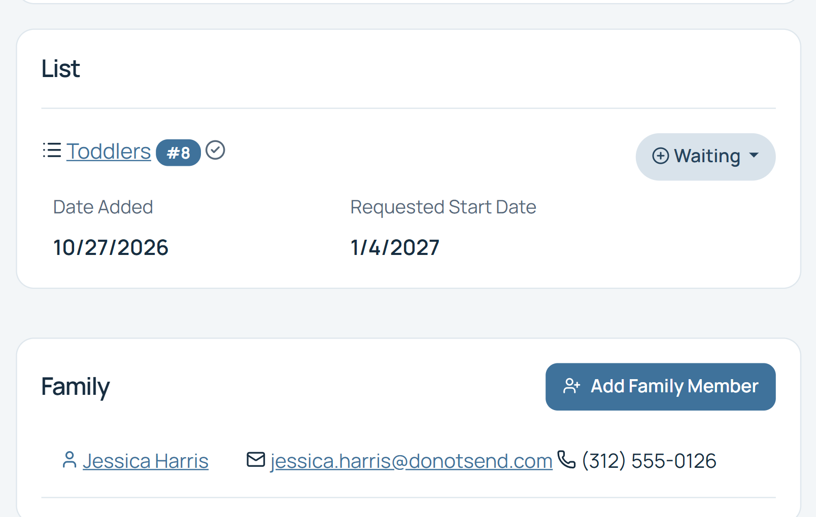 Staff view of Willow Harris on the Toddlers list at position 8, with a Family card linking parent Jessica Harris and an Add Family Member button.