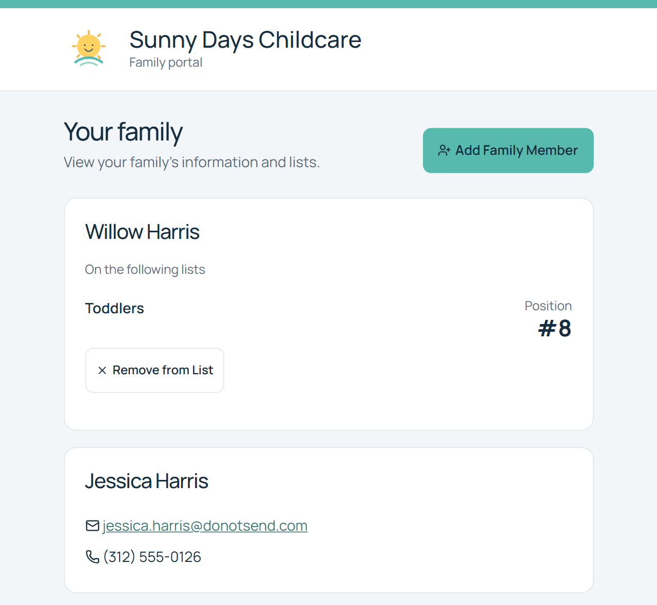 Sunny Days Childcare family portal showing the Harris family: Willow Harris on the Toddlers list at position 8 with a Remove from List link, and parent Jessica Harris with her email and phone.