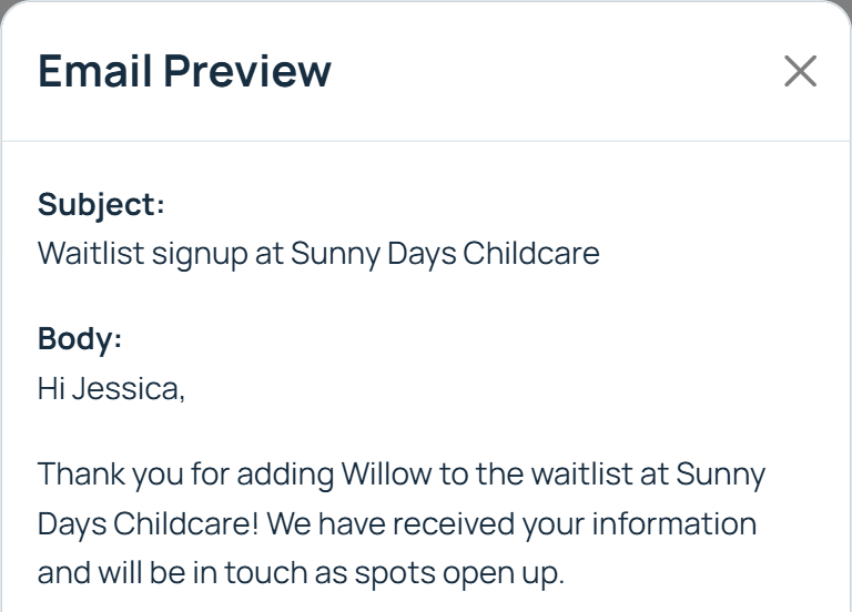 Email preview addressed to Jessica, thanking her for adding Willow to the waitlist at Sunny Days Childcare.