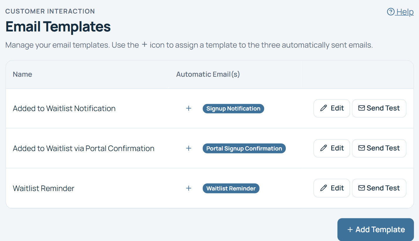 Email Templates page listing three templates, Added to Waitlist Notification, Added to Waitlist via Portal Confirmation and Waitlist Reminder, each with its automatic emails and Edit and Send Test buttons.