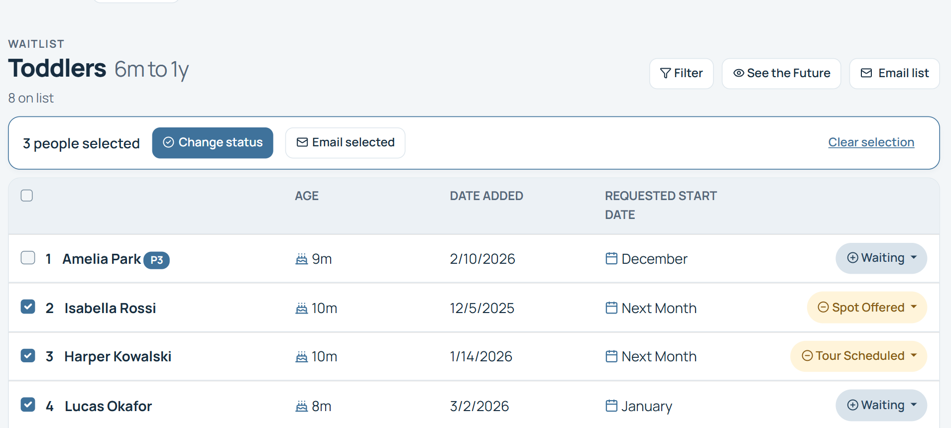Toddlers waitlist with three children selected and a bar offering Change status, Email selected and Clear selection.
