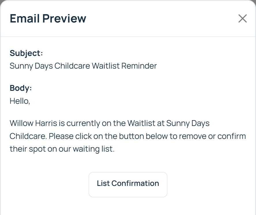 Waitlist reminder email telling a parent that Willow Harris is still on the waitlist and asking them to confirm they want to stay on the list.