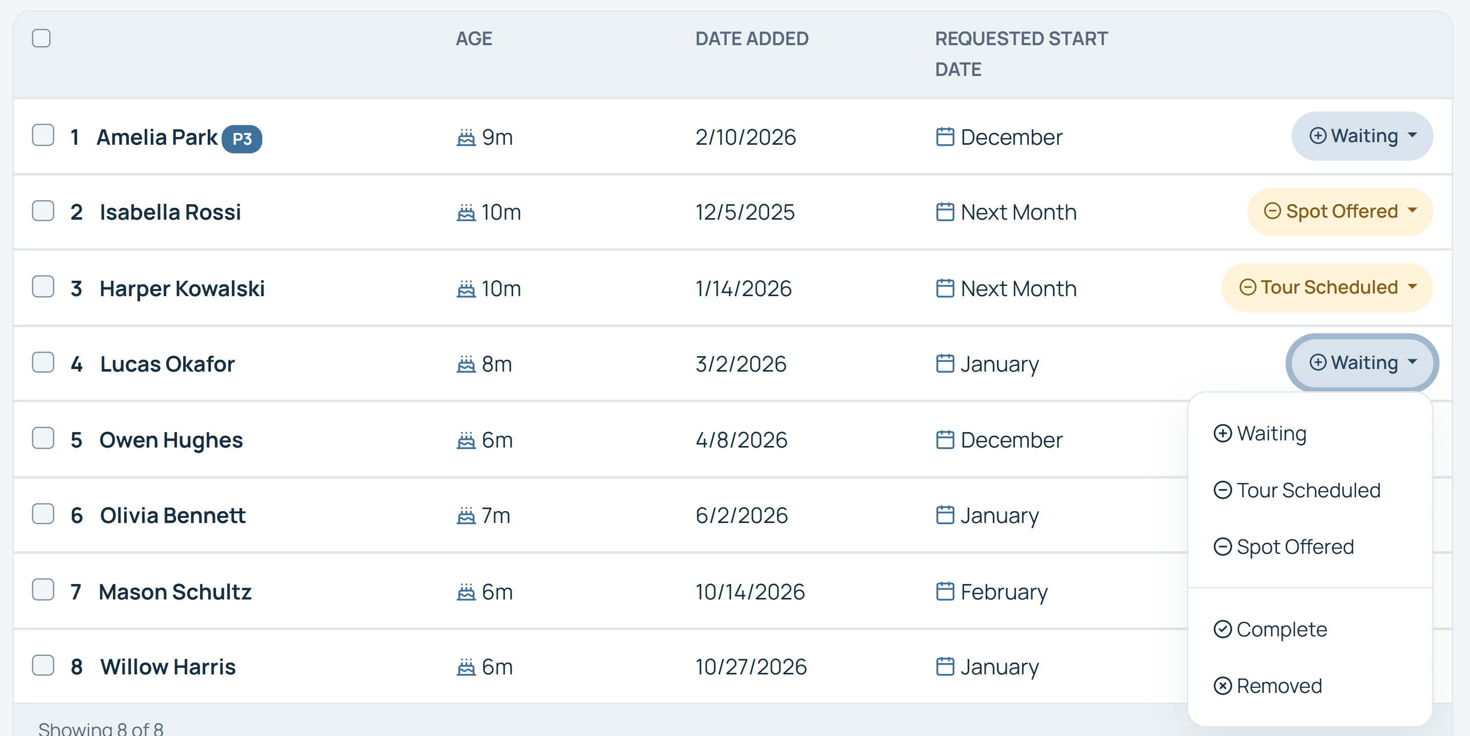 Toddlers waitlist showing each child's status, with a status menu open offering Waiting, Tour Scheduled, Spot Offered, Complete and Removed.