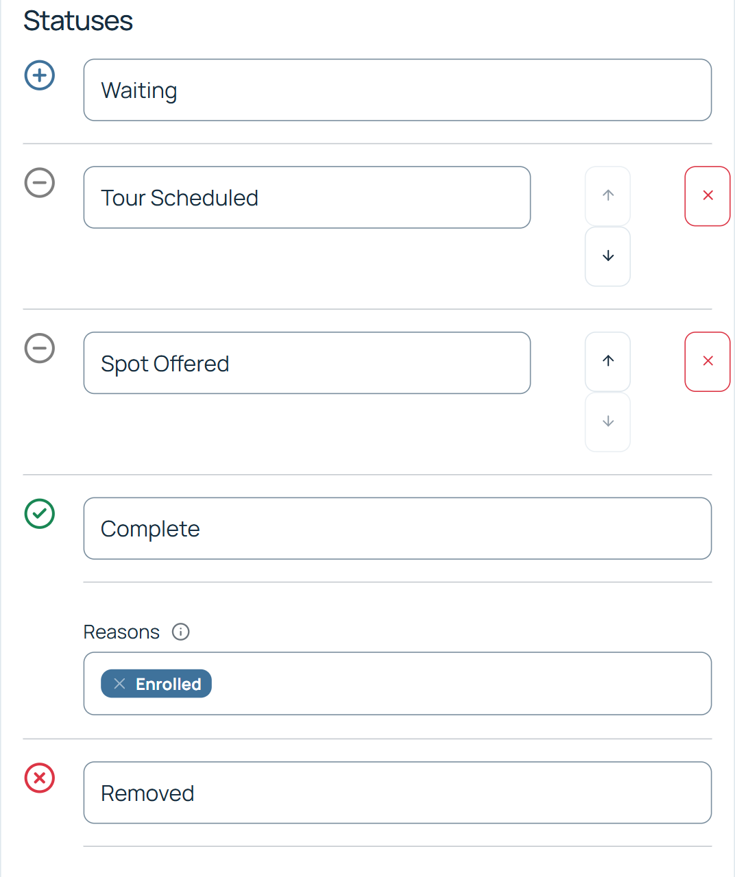 Statuses settings listing the enrollment stages Waiting, Tour Scheduled, Spot Offered, Complete with reason Enrolled, and Removed.