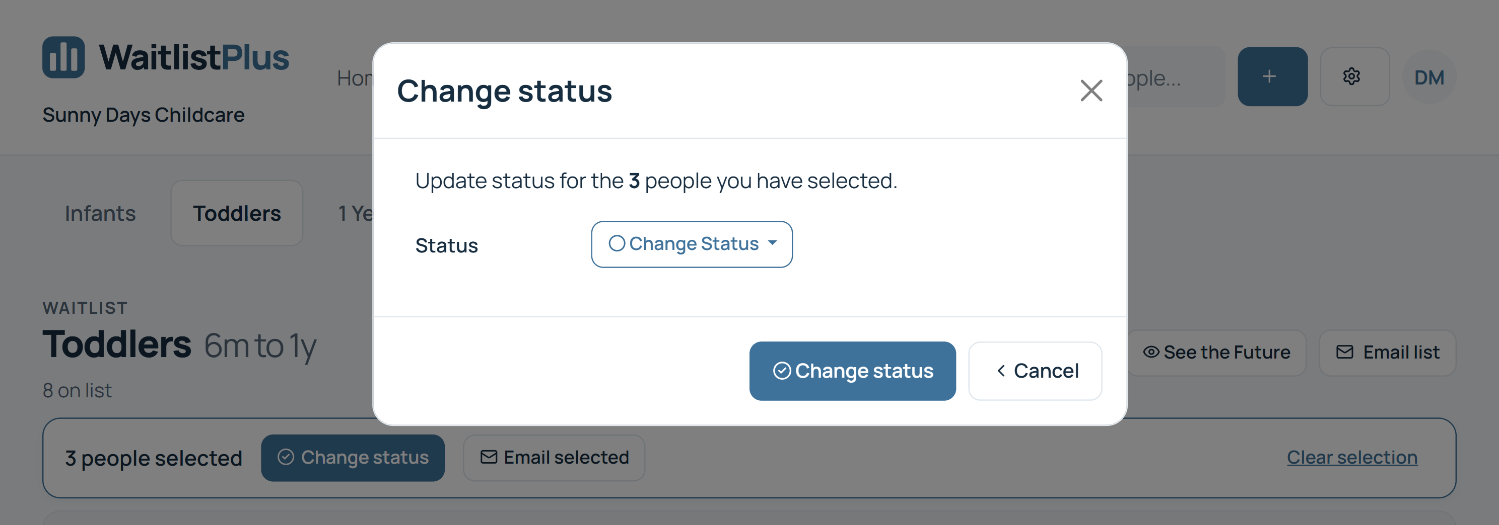 Change status popup for updating the status of three selected people on the Toddlers waitlist at once.