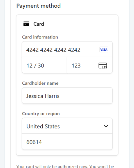Portal checkout with card details and cardholder name Jessica Harris entered to pay the waitlist fee.