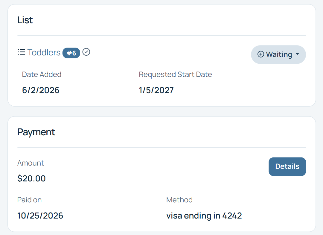 Person record for Olivia Bennett with her Toddlers list position and status, and a Payment card showing the $20.00 waitlist fee paid by Visa.
