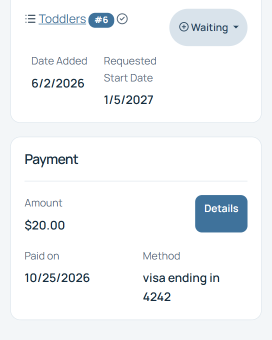Olivia Bennett's record showing her Toddlers list entry and a Payment card with the $20.00 fee paid on 10/25/2026 by Visa.