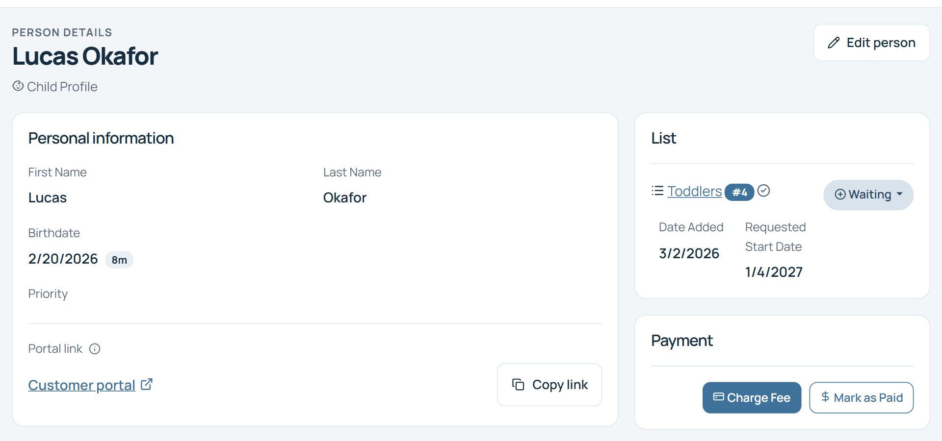 Person record for Lucas Okafor on the Toddlers list, with a Payment card offering Charge Fee and Mark as Paid buttons.