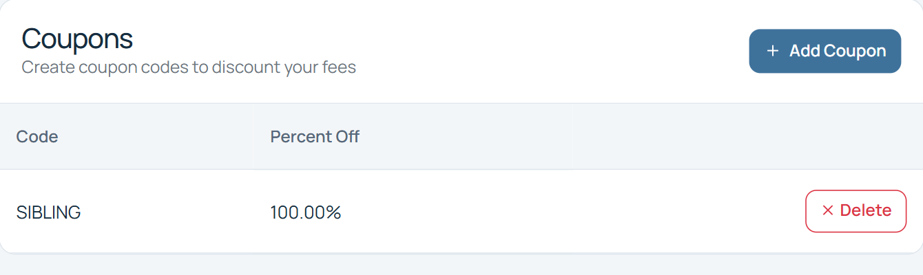 Coupons settings with an Add Coupon button and a SIBLING coupon code worth 100 percent off.