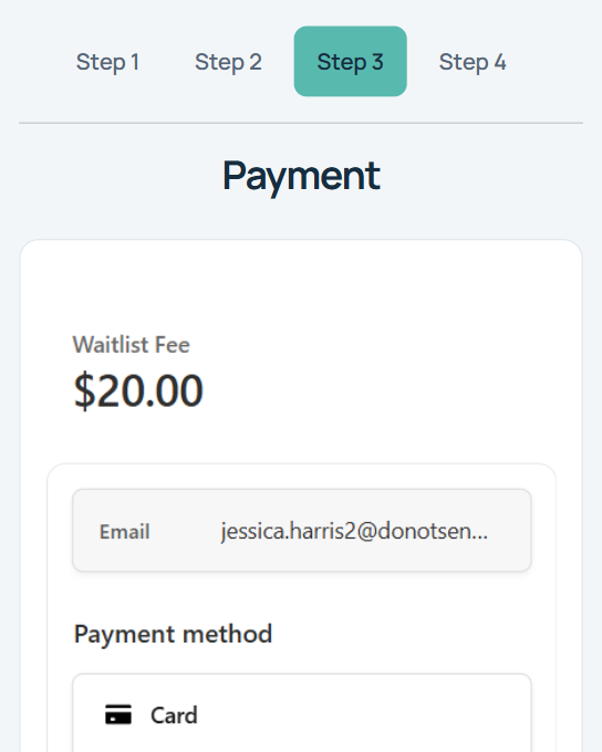Portal payment step presenting a $20.00 waitlist fee before the family enters card details.