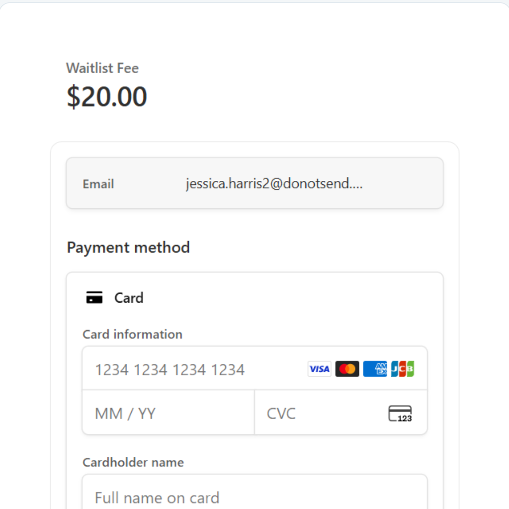 Online checkout for a $20.00 waitlist fee with email, card information and cardholder name fields.