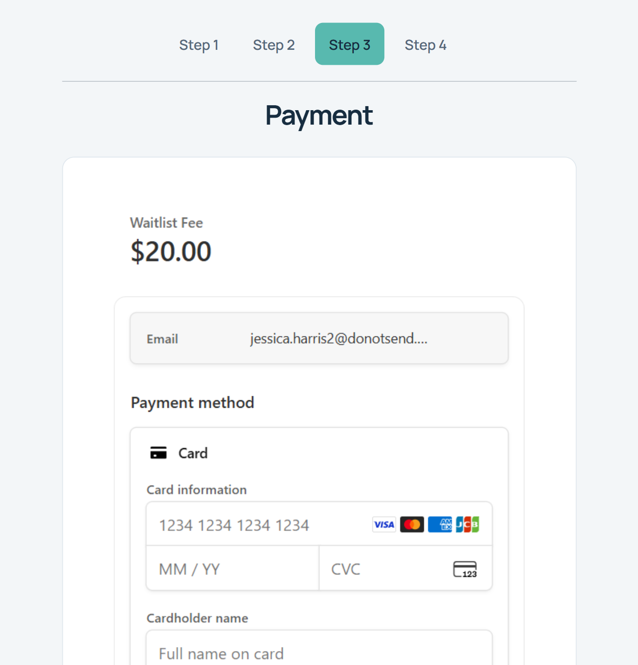 Sunny Days Childcare family portal on step 3, Payment, showing a secure checkout for a $20.00 waitlist fee with email and card fields.