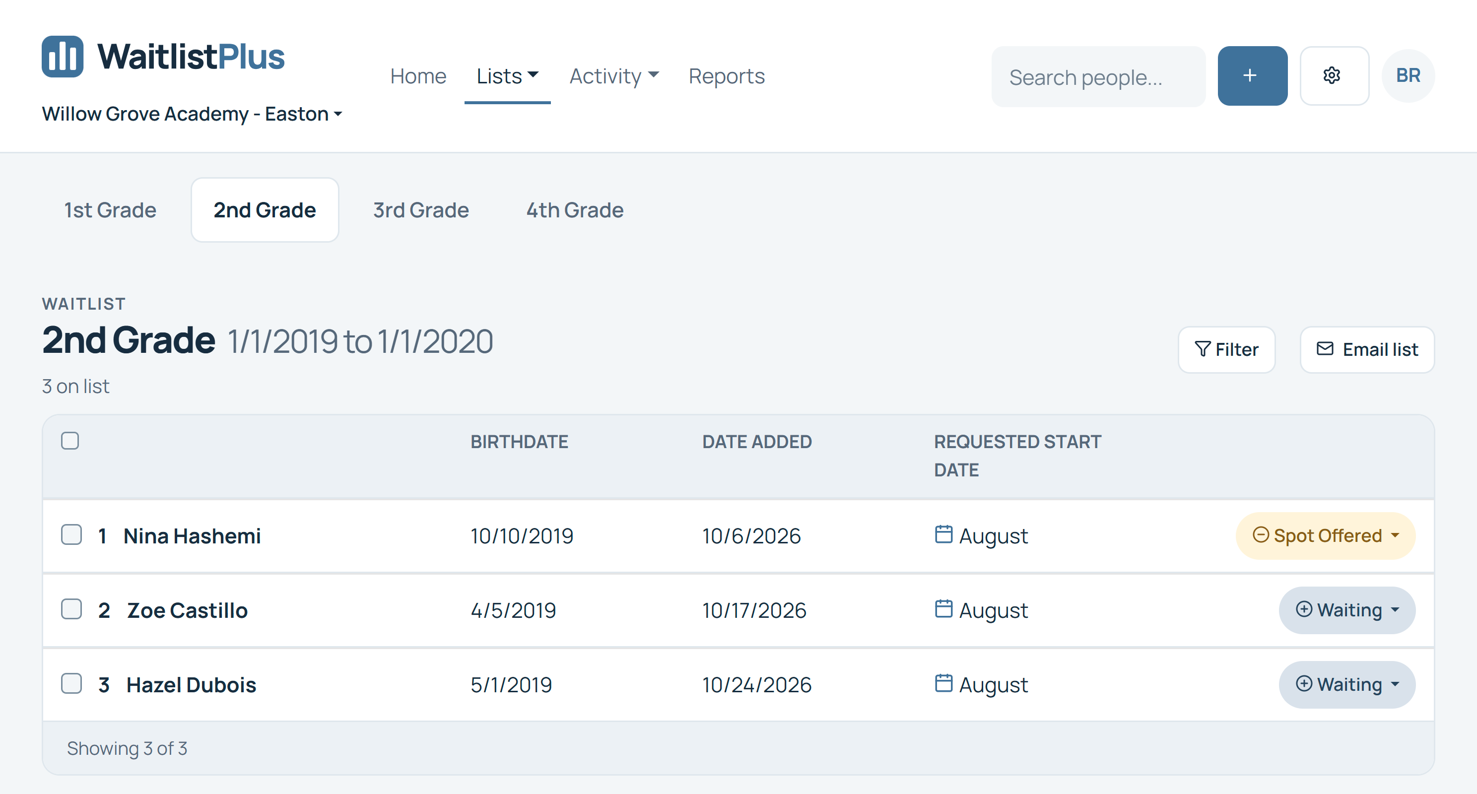 Willow Grove Academy waitlist with 1st to 4th Grade tabs, showing the 2nd Grade list with three students, their statuses, birthdates and requested start.