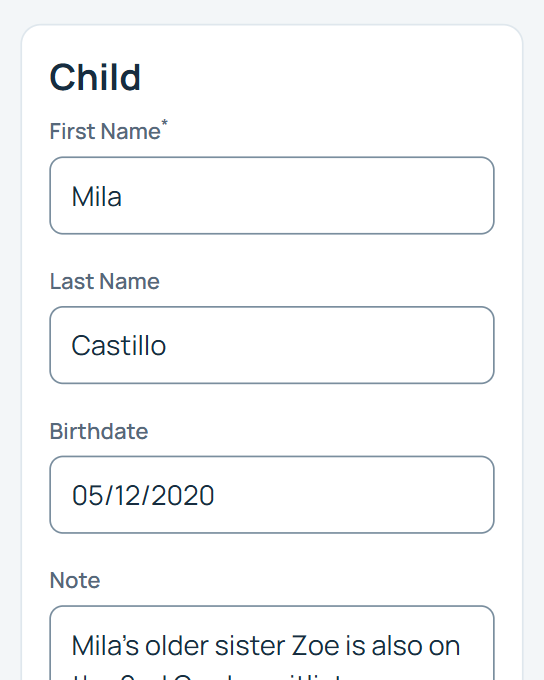 Family portal form where a parent enters a student's name, birthdate and a note about a sibling already on the waitlist.